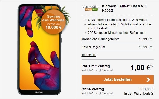 Huawei P20 Lite + klarmobil Allnetflat 6000 (Vodafone) bei LogiTel