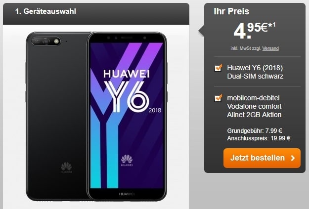 Huawei Y6 (2018) + Vodafone Comfort Allnet (mobilcom-debitel) bei Handyflash