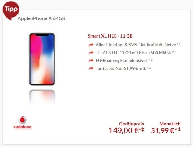 iPhone X 64GB/256GB + Vodafone Smart XL ab eff. 19,07 € mtl. (Allnet- & SMS-Flat, 11 GB LTE)