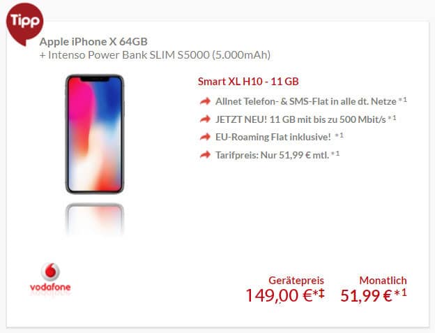 iPhone X 64GB/256GB + Vodafone Smart XL ab eff. 16,57 € mtl. (Allnet- & SMS-Flat, 11 GB LTE) + gratis Powerbank!