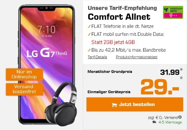 LG G7 ThinQ + Sennheiser HD 4.50 BTNC + mobilcom-debitel Comfort Allnet (Telekom-Netz) bei Saturn