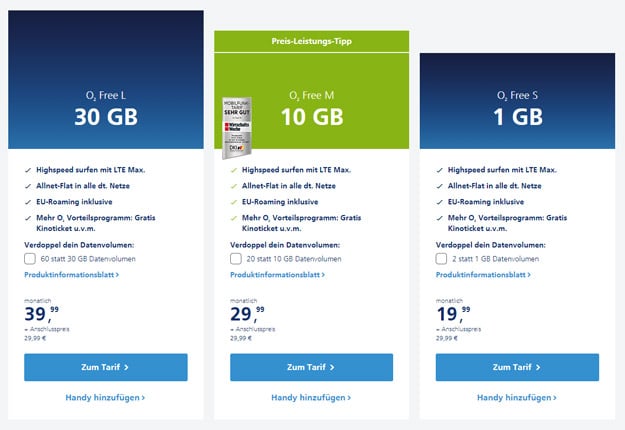 o2 Free Handy Tarife S, M und L mit Boost und Connect