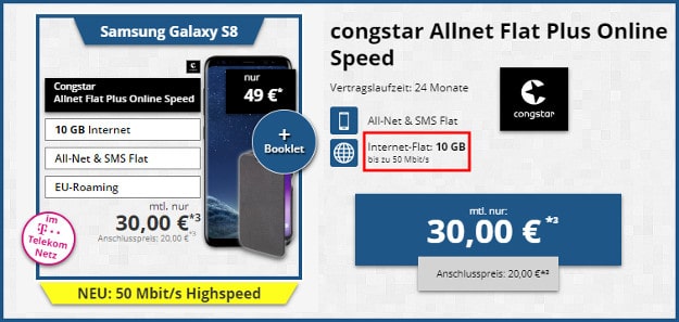 Samsung Galaxy S8 + Hama-Hülle + congstar Allnet-Flat Plus bei Tophandy