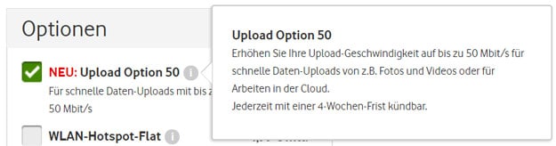 Vodafone Upload Option 50: Mit bis zu 50 MBit/s im Upstream in Internet & Phone Cable Tarife dank Option für 2,99 € pro Monat