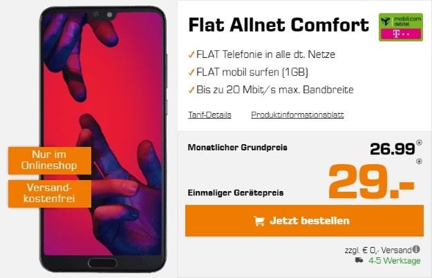 Huawei P20 Pro + mobilcom-debitel Flat Allnet Comfort (Telekom-Netz) bei Saturn