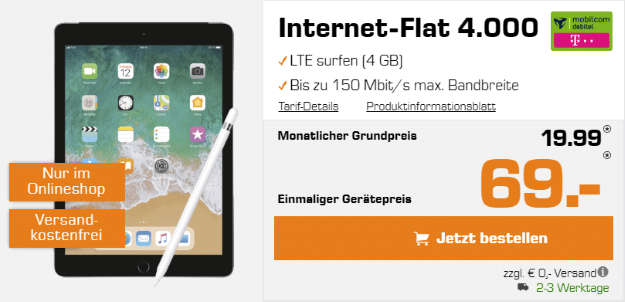 Apple iPad 2018 LTE + Apple Pencil + mobilcom-debitel Internet-Flat 4.000 (Telekom-Netz) bei Saturn