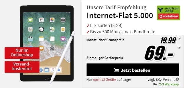 Apple iPad 2018 LTE 32GB + Apple Pencil + Vodafone Internet-Flat 5.000 (mobilcom-debitel) bei MediaMarkt
