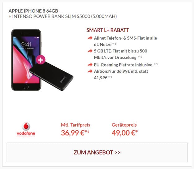 iPhone 8 64GB + Vodafone Smart L Plus ab effektiv 11,95 € im Monat (Allnet-Flat, SMS-Flat, 5 oder 7 GB LTE) + teilweise Powerbank!