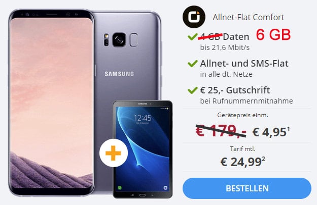 Samsung Galaxy S8 Plus + Galaxy Tab A 10.1 (2016) WiFi + otelo Allnet-Flat Comfort bei Sparhandy