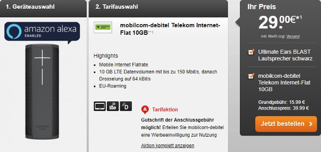 mobilcom-debitel Internet-Flat 10.000 (Telekom-Netz) + Ultimate Ears BLAST Lautsprecher bei LogiTel