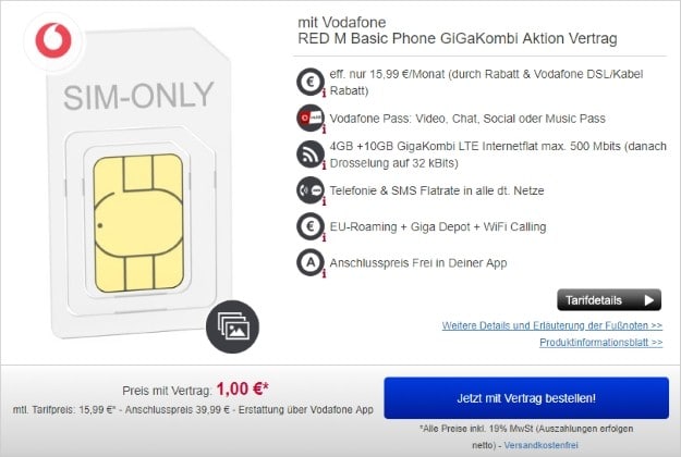 Vodafone Red M SIM-only + GigaKombi bei Handydealer24