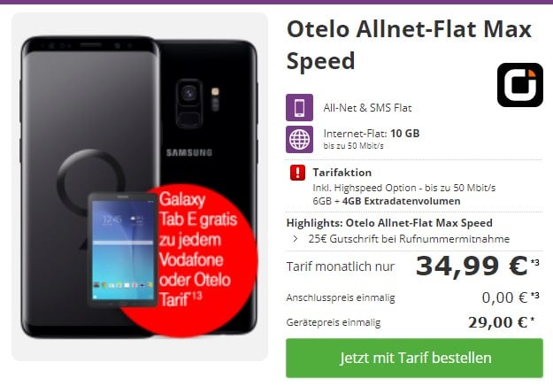 Samsung Galaxy S9 + Samsung Galaxy Tab E 9.6 WiFi + otelo Allnet-Flat Max Speed bei talkthisway