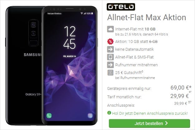 Samsung Galaxy S9 Plus + otelo Allnet-Flat Max bei DeinHandy