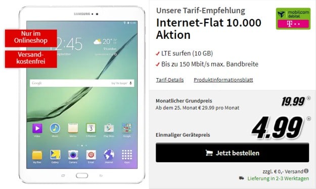 Samsung Galaxy Tab S2 9.7 LTE + mobilcom-debitel Internet-Flat 10.000 (Telekom-Netz) bei MediaMarkt