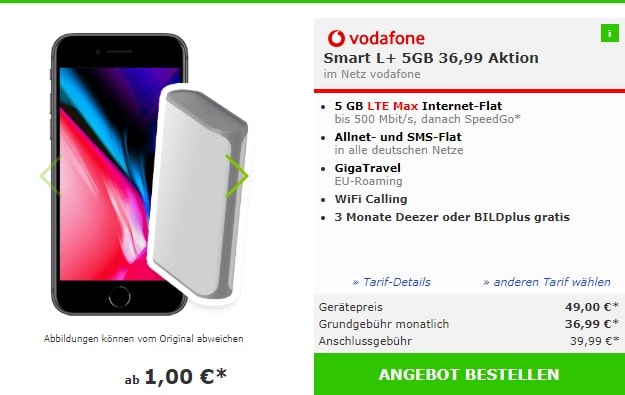 Apple iPhone 8 64GB Spacegrau + Denver 6000 mAh Powerbank + Vodafone Smart L Plus bei mobildiscounter