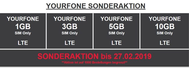 Bestpreise! yourfone Allnet-Flats z.B. 3 GB LTE für eff. 4,36 € mtl. (Allnet-Flat, 1 bis 10 GB LTE, Telefónica-Netze) oder 1 GB LTE für eff. 2,28 € mtl.