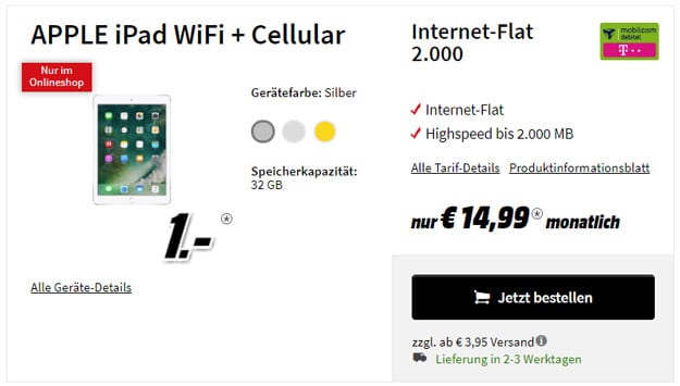 Apple iPad 2017 LTE + md Internet-Flat 2.000 eff. 3,99 € pro Monat (2 GB LTE, Telekom-Netz)