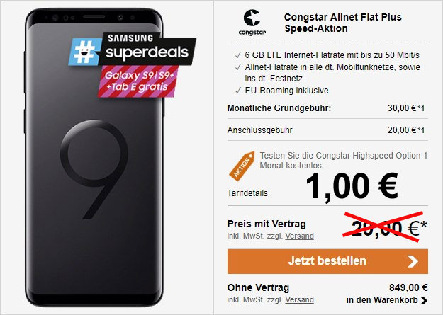 Tiefstpreis! Galaxy S9 + congstar Allnet Flat Plus