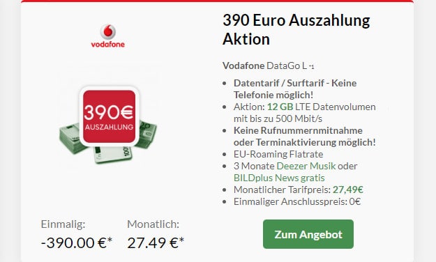 Vodafone DataGo L mit 390 € Cashback bei Preisboerse24