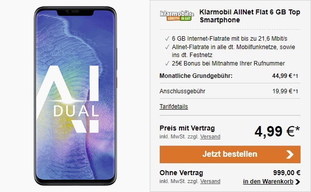 Huawei Mate 20 Pro + klarmobil Allnet 6000