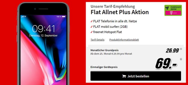 iPhone 8 64GB + mobilcom-debitel Flat Allnet Plus (Telekom-Netz) ab effektiv 6,11 € im Monat (Allnet-Flat, 2 GB, Telekom-Netz)