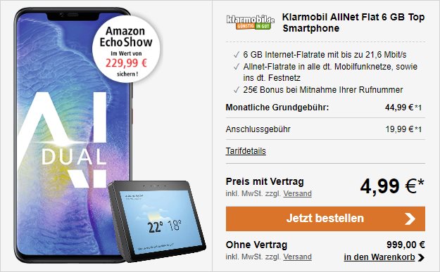 Huawei Mate 20 Pro + Amazon Echo Show (2. Gen.) + klarmobil Allnet-Flat 6000 bei LogiTel