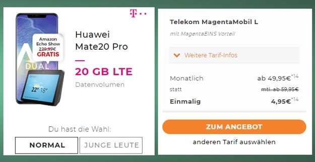 Huawei Mate 20 Pro + Telekom Magenta Mobil L ab eff. 0,82 € pro Monat (Allnet- & SMS-Flat, bis 24 GB LTE) - gratis Echo Show!