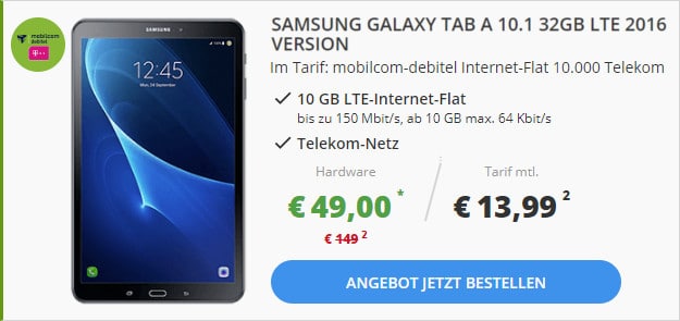samsung galaxy tab a + 10 gb lte