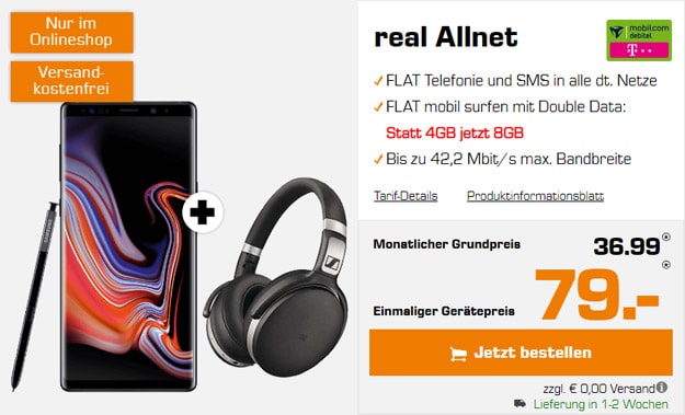 Samsung Galaxy Note 9 + Sennheiser HD 4.50 BTNC + mobilcom-debitel real Allnet (Telekom-Netz) bei Saturn