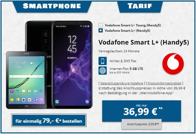 Samsung Galaxy S9 Plus + Samsung Galaxy Tab S2 9.7 WiFi + Vodafone Smart L Plus bei Tophandy