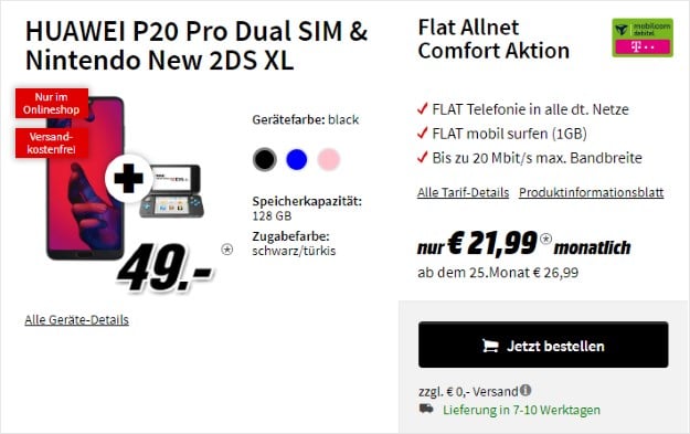 Huawei P20 Pro+ Nintendo New 2DS XL + mobilcom-debitel Flat Allnet Comfort (Telekom-Netz) bei MediaMarkt