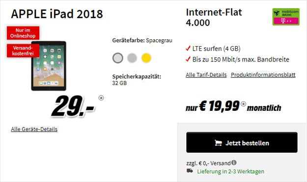 Apple iPad 2018 LTE 32GB + Apple Pencil + mobilcom-debitel Internet-Flat 4.000 (Telekom-Netz) bei MediaMarkt