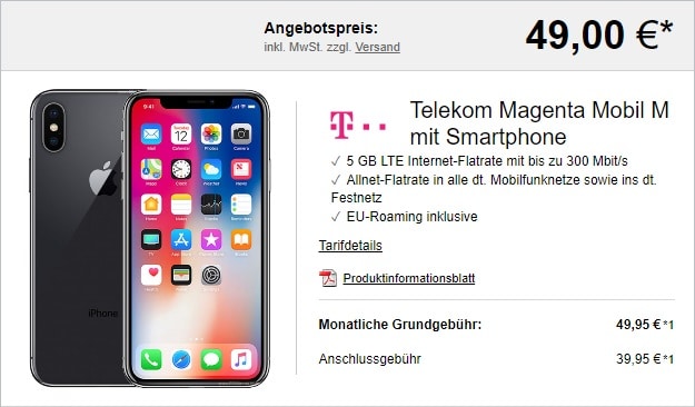Apple iPhone X 64GB + Telekom Magenta Mobil M bei LogiTel