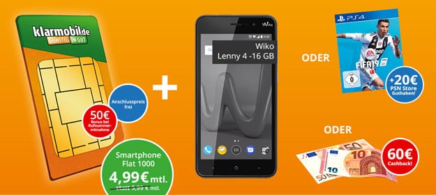 Wiko Lenny 4 + klarmobil Smartphone Flat 1000 mit 4,99 € Grundgebühr