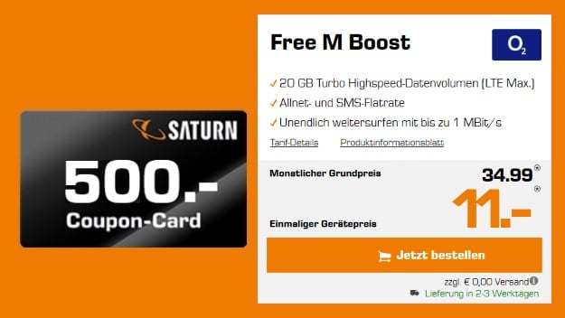 o2 Free M Boost (SIM-only) + 500 € Saturn-Gutschein bei Saturn