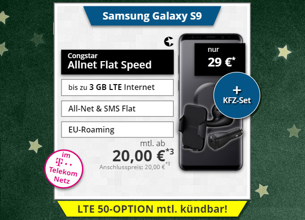 Samsung Galaxy S9 + Samsung Kfz Summerpack + congstar Allnet Flat Speed bei Tophandy
