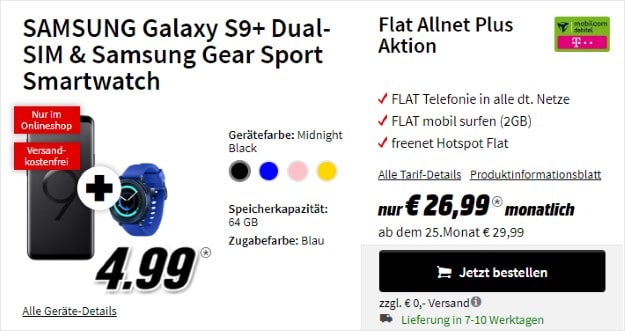 Samsung Galaxy S9 Plus + Samsung Gear Sport + mobilcom-debitel Flat Allnet Plus (Telekom-Netz) bei MediaMarkt