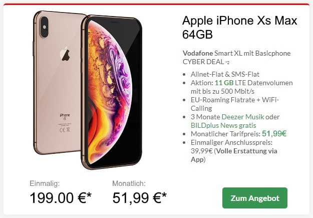 iPhone Xs Max + Vodafone Smart XL bei Preisboerse24