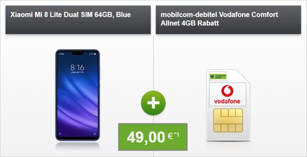 Xiaomi Mi 8 Lite + Vodafone Comfort Allnet (mobilcom-debitel ) bei Modeo