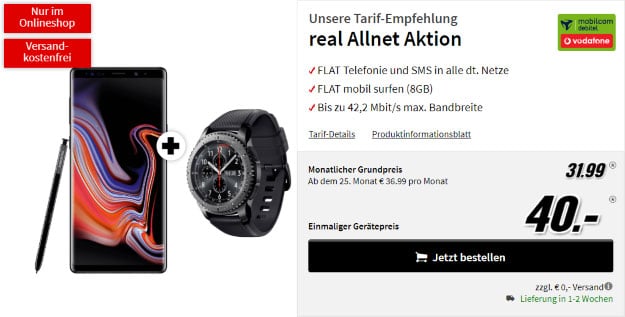 Samsung Galaxy Note 9 + Samsung Gear S3 Frontier + Vodafone real Allnet (mobilcom-debitel) bei MediaMarkt