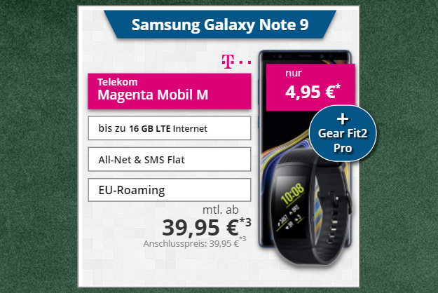 Samsung Galaxy Note 9 + Samsung Gear Fit2 Pro (S oder L) + Telekom Magenta Mobil M bei Tophandy