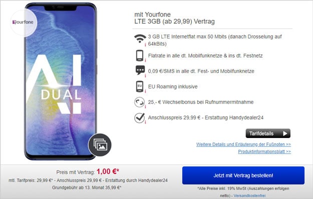 Huawei Mate 20 Pro + yourfone LTE 3 GB bei Handydealer24