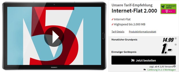 Huawei MediaPad M5 10 LTE 32GB + mobilcom-debitel Internet-Flat 2.000 (Telekom-Netz) bei MediaMarkt