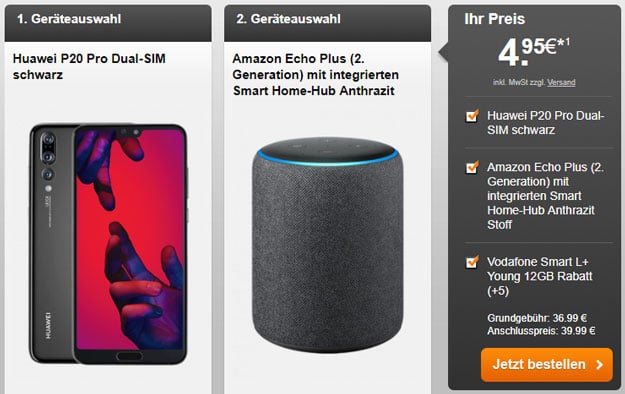 Huawei P20 Pro + Amazon Echo Plus (2. Gen.) + Vodafone Smart L Plus bei Handyflash