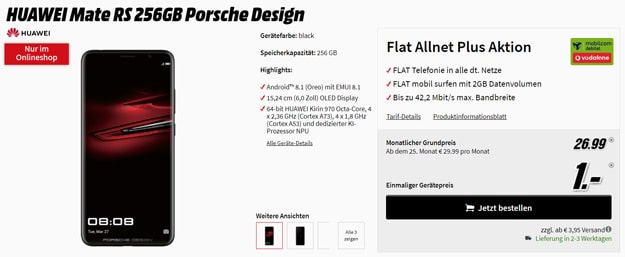 Wahnsinn! Huawei Mate RS + Vodafone Flat Allnet Comfort (mobilcom-debitel) eff. kostenlos (Allnet-Flat, 2 GB) - mit satten 236 € Ersparnis!