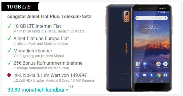 Nokia 3.1 + congstar Allnet Flat Plus Speed Flex bei Handy.de