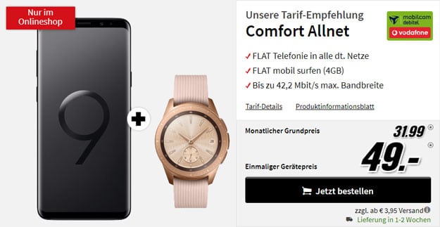 Samsung Galaxy S9 Plus + Samsung Galaxy Watch LTE (42mm Roségold, Vodafone) + Vodafone Comfort Allnet (mobilcom-debitel) bei MediaMarkt