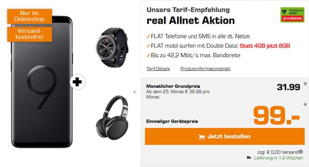 Samsung Galaxy S9 Plus + Samsung GEar S3 Frontier + Sennheiser HD 4.50 + Vodafone real Allnet (mobilcom-debitel) bei Saturn