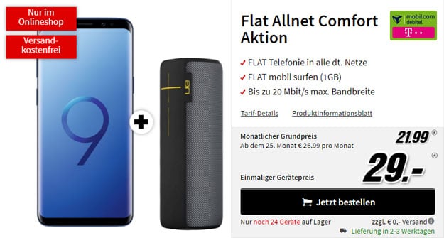 Samsung Galaxy S9 + Ultimate Ears Megaboom Black Panther + mobilcom-debitel Flat Allnet Comfort (Telekom-Netz) bei MediaMarkt