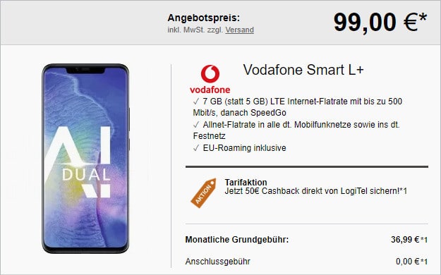 huawei mate 20 pro + vodafone smart l plus mit cashback